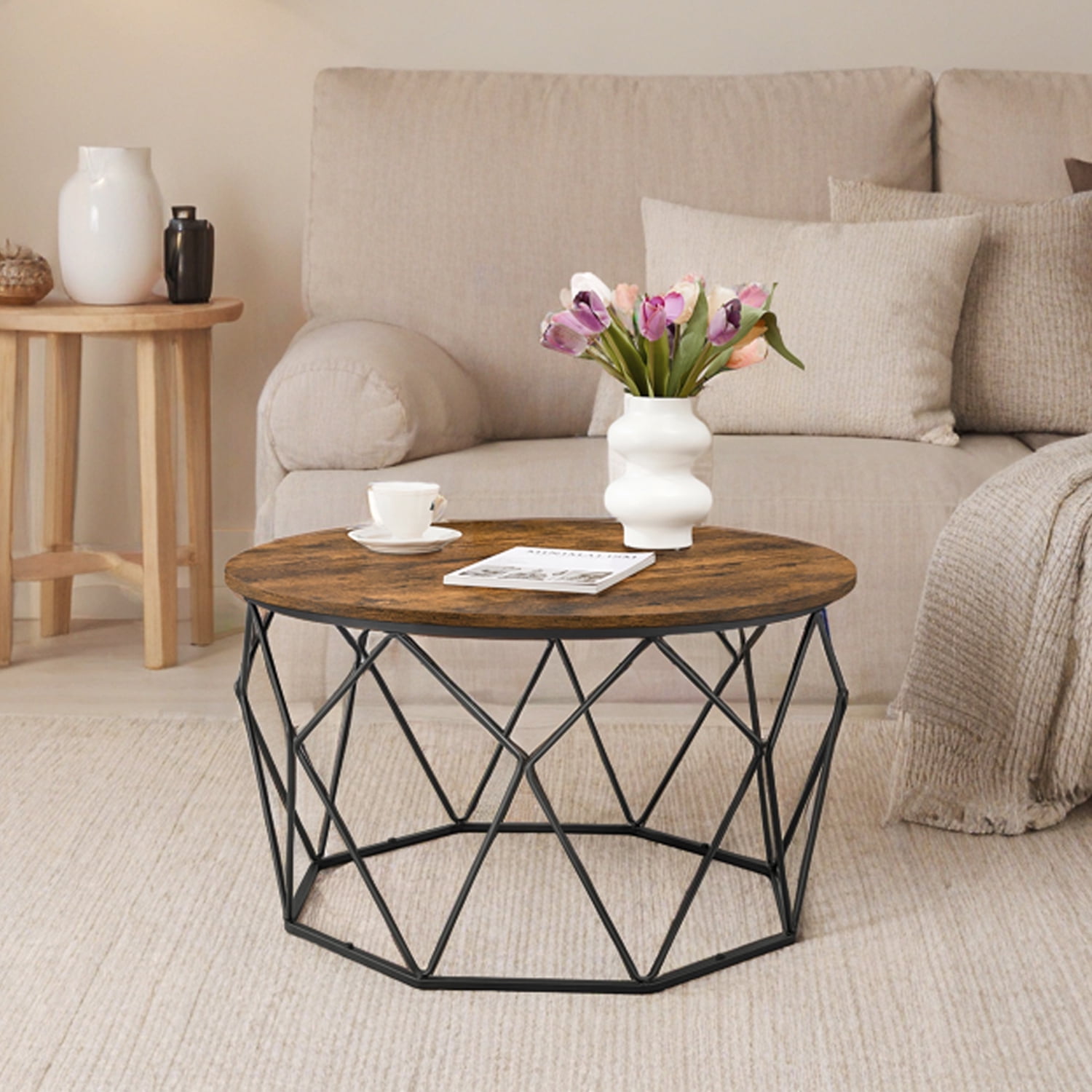 LEDREM Industrial Round Coffee Table with Storage, 31.5" Diameter Cage ...