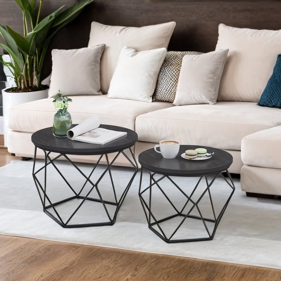 LEDREM Small Coffee Table Set of 2,Round Side Tables with Steel Frame,Accent Tables,Charcoal Gray and Ink Black