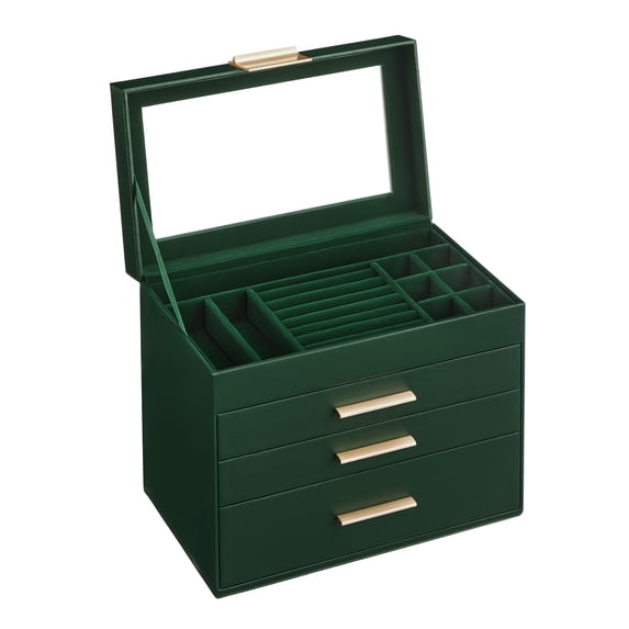 LEDREM Jewelry Box Organizer, 4-Layer Stackable Storage with 3 Drawers & Glass Lid, Modern Vanity Display Case for Earrings Necklaces Rings, Forest Green and Gold