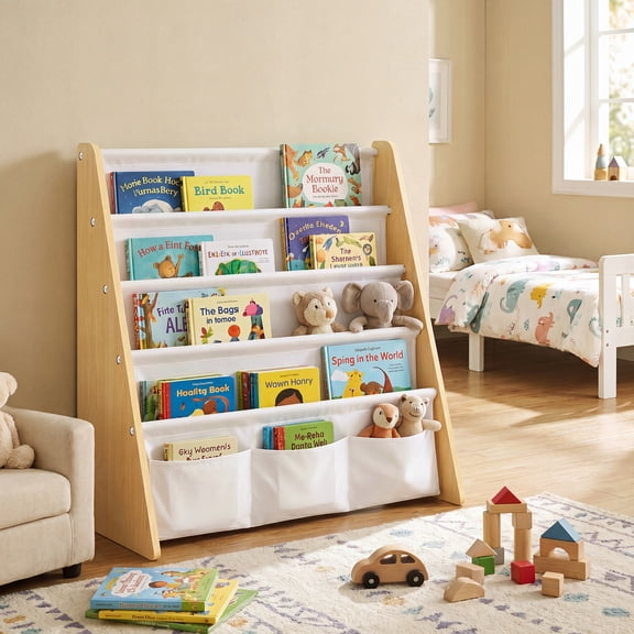 LEDREM Kids Bookshelf, 4-Tier Fabric Sling Bookcase for Playroom, 24.6 x 9.8 x 23.6 Inches, Yellow and White