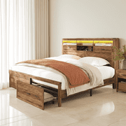 LEDREM King Size Farmhouse Platform Bed Frame, 51.3-Inch Tall Storage Headboard with 4 Drawers, Built-In LED Lights & Charging Station, Honey Brown