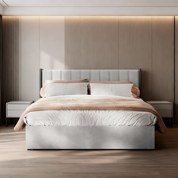 LEDREM King Size Lift-Up Storage Bed Frame with Hydraulic Platform, Upholstered Headboard, 1100 lb Capacity, Modern Platform Bed, Dove Gray