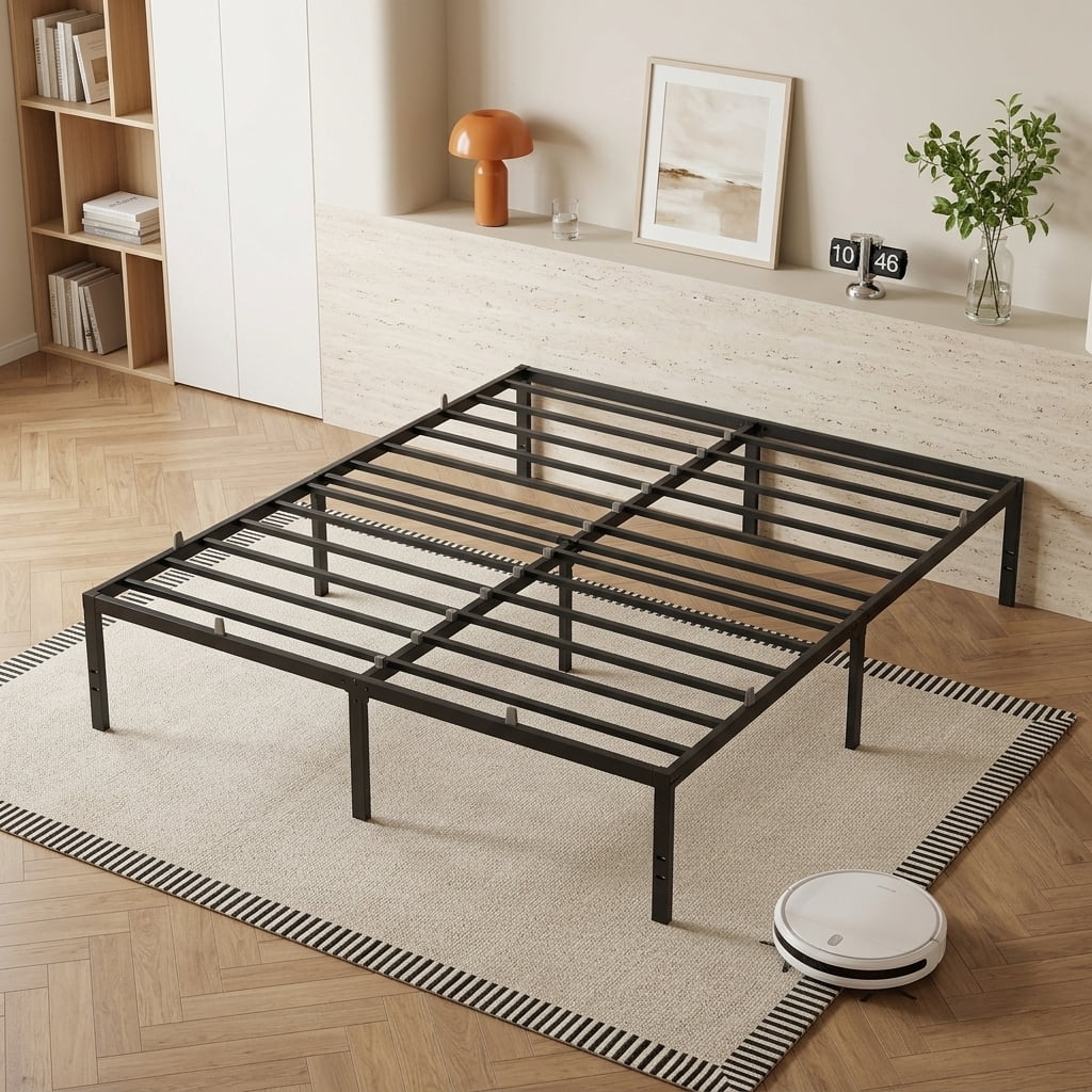 LEDREM King Size Metal Frame, Heavy-Duty Platform Bed with Under-Bed Storage, Easy Assembly for Bedroom, Black