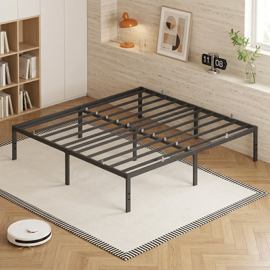 LEDREM King Size Metal Frame, Heavy-Duty Platform Bed with Under-Bed Storage, Easy Assembly for Bedroom, Black