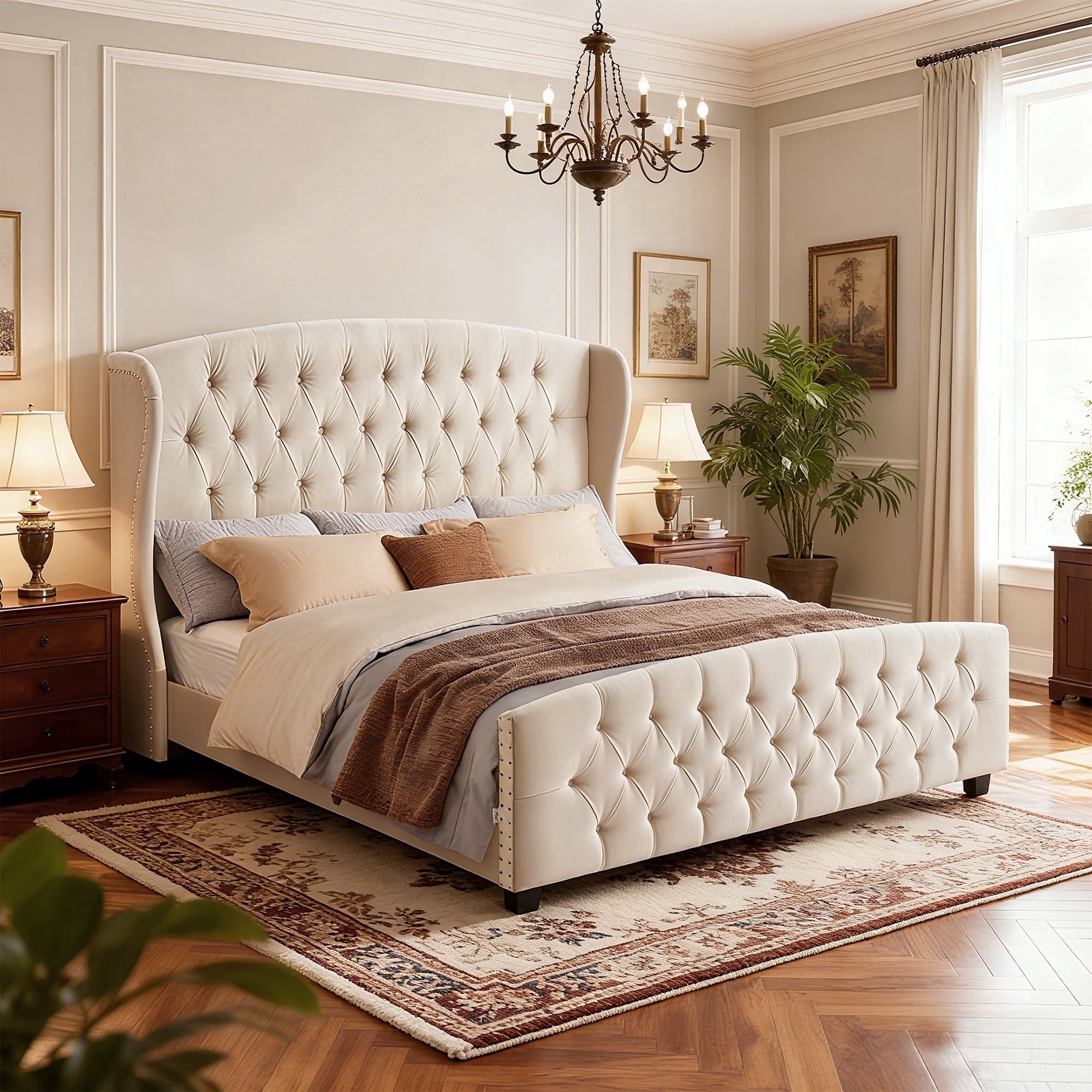 LEDREM King Size Upholstered Platform Bed Frame, 50-Inch Tall Wingback Tufted Headboard & 25-Inch Footboard, 1000 lb Capacity, Cappuccino Beige