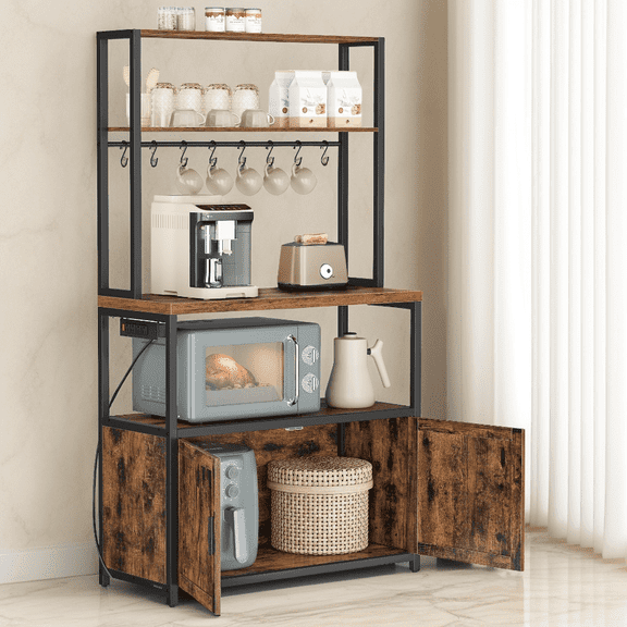 LEDREM Kitchen Bakers Rack with Power Outlet, Coffee Bar with 35.4-Inch High Worktop and Microwave Stand, Rustic Brown and Ink Black