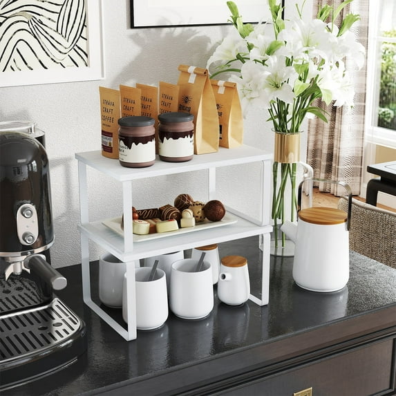 LEDREM Kitchen Cabinet Organizer Shelf Set, 2-Tier Stackable & Expandable Storage Rack, Countertop Spice Holder, for Pantry,Bathroom,Office, White