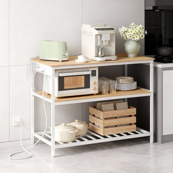 LEDREM Kitchen Island with 3 Shelves, Built-In Power Strip, Large Worktop, Industrial Steel Frame, Multi-Purpose Kitchen Cart, Easy Assembly, Oak Color and White