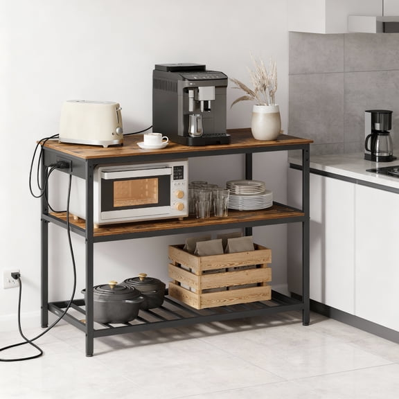 LEDREM Kitchen Island with 3 Shelves, Built-In Power Strip, Large Worktop, Industrial Steel Frame, Multi-Purpose Kitchen Cart, Easy Assembly, Rustic Brown and Black