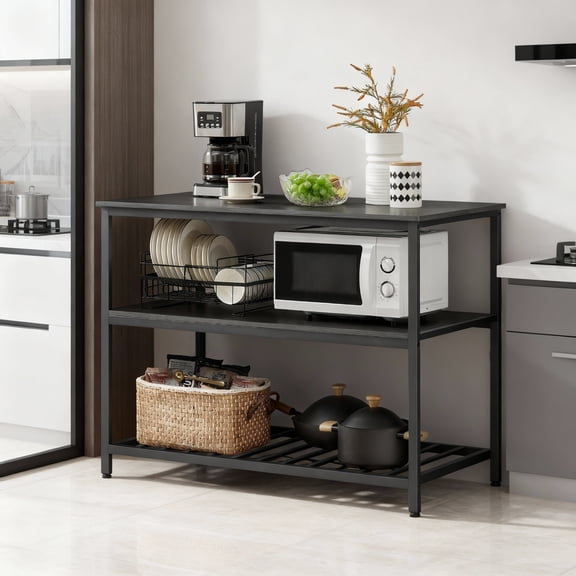 LEDREM Kitchen Island with 3 Shelves,Large Worktop and Industrial Steel Frame,Multi-Purpose Kitchen Cart,Easy Assembly,Ebonised Oak and Black