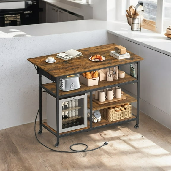 LEDREM Kitchen Island Cart with Drop Leaf & Power Strip - 47.2" Extendable Worktop, Adjustable Shelf, Locking Wheels, Rustic Brown and Black