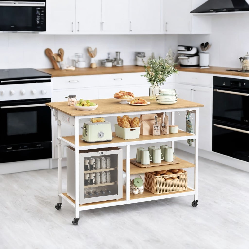 LEDREM Kitchen Island Cart with Extendable Worktop - 47.2" Wide, Power Strip, Adjustable Shelf & Pegboard, Locking Wheels, Golden Oak and White