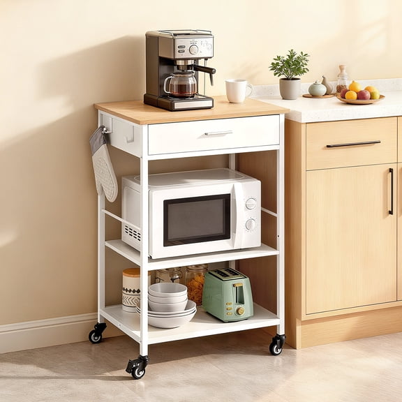LEDREM Kitchen Rolling Island Cart with Drawer, Adjustable Shelf, Hooks, and Wheels, Mobile Kitchen Storage and Prep Table, Oak Beige and Matte White
