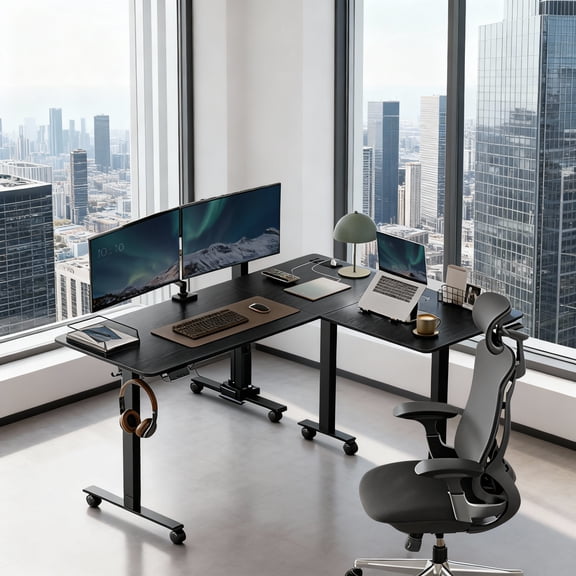 LEDREM L-Shaped Electric Standing Desk, 63 x 47.2 Inches Height Adjustable Corner Desk with Power Outlets, 2 Memory Buttons, Home Office Desk, Black