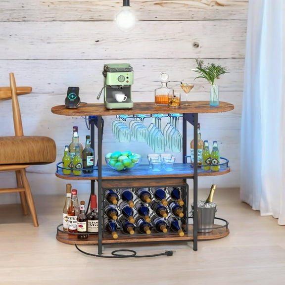 LEDREM LED Bar Cabinet with Power Outlets - Freestanding Home Bar with Removable Wine Rack, Glass Holder & Adjustable Shelves, Rustic Brown