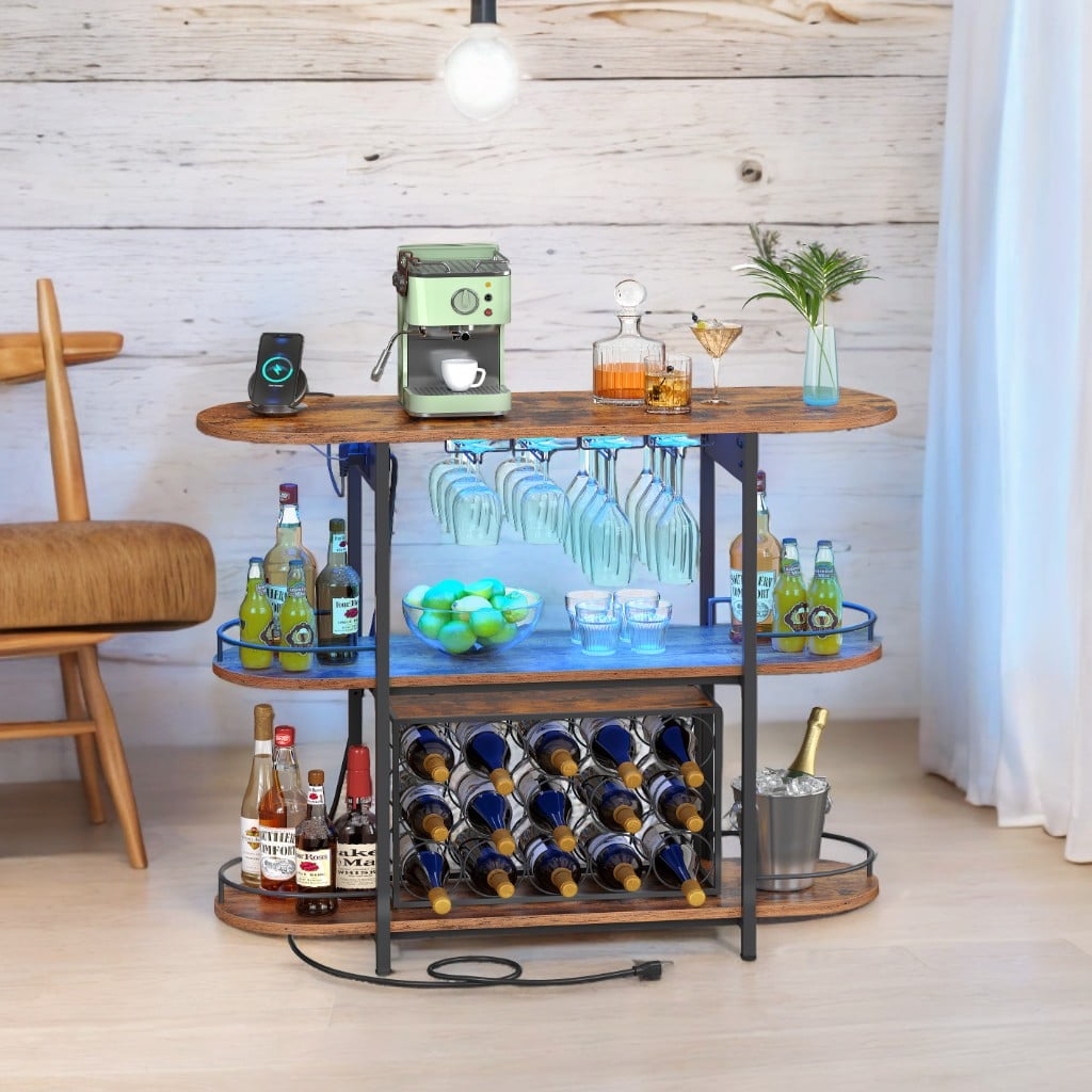 LEDREM LED Bar Cabinet with Power Outlets - Freestanding Home Bar with ...