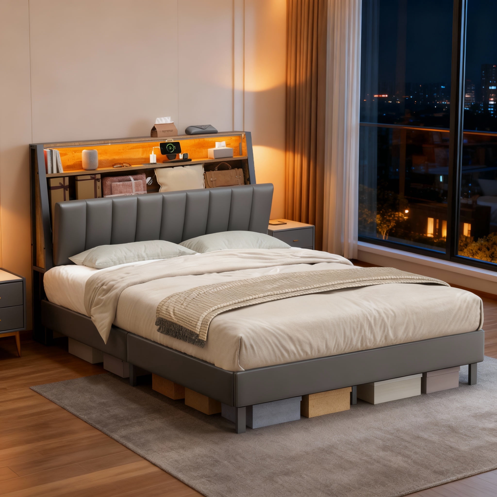 LEDREM LED Full Bed Frame with Storage Headboard and Charging Station ...
