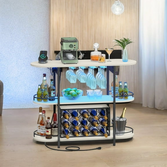 LEDREM LED Home Bar Cabinet - Freestanding Mini Bar with Power Outlets, 15-Bottle Wine Rack & Glass Holder, Adjustable Shelves, Rustic White