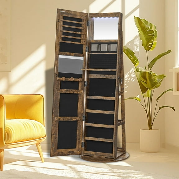 LEDREM LED Illuminated Jewelry Armoire with Full-Length Mirror, Lockable Storage for 108 Earrings/78 Rings, Vanity Table, Rustic Brown