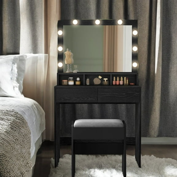 LEDREM LED Vanity Desk with Mirror - Adjustable Brightness, 2 Drawers & 3 Compartments, Makeup Table with Anti-Tip Kit, Ebony Black