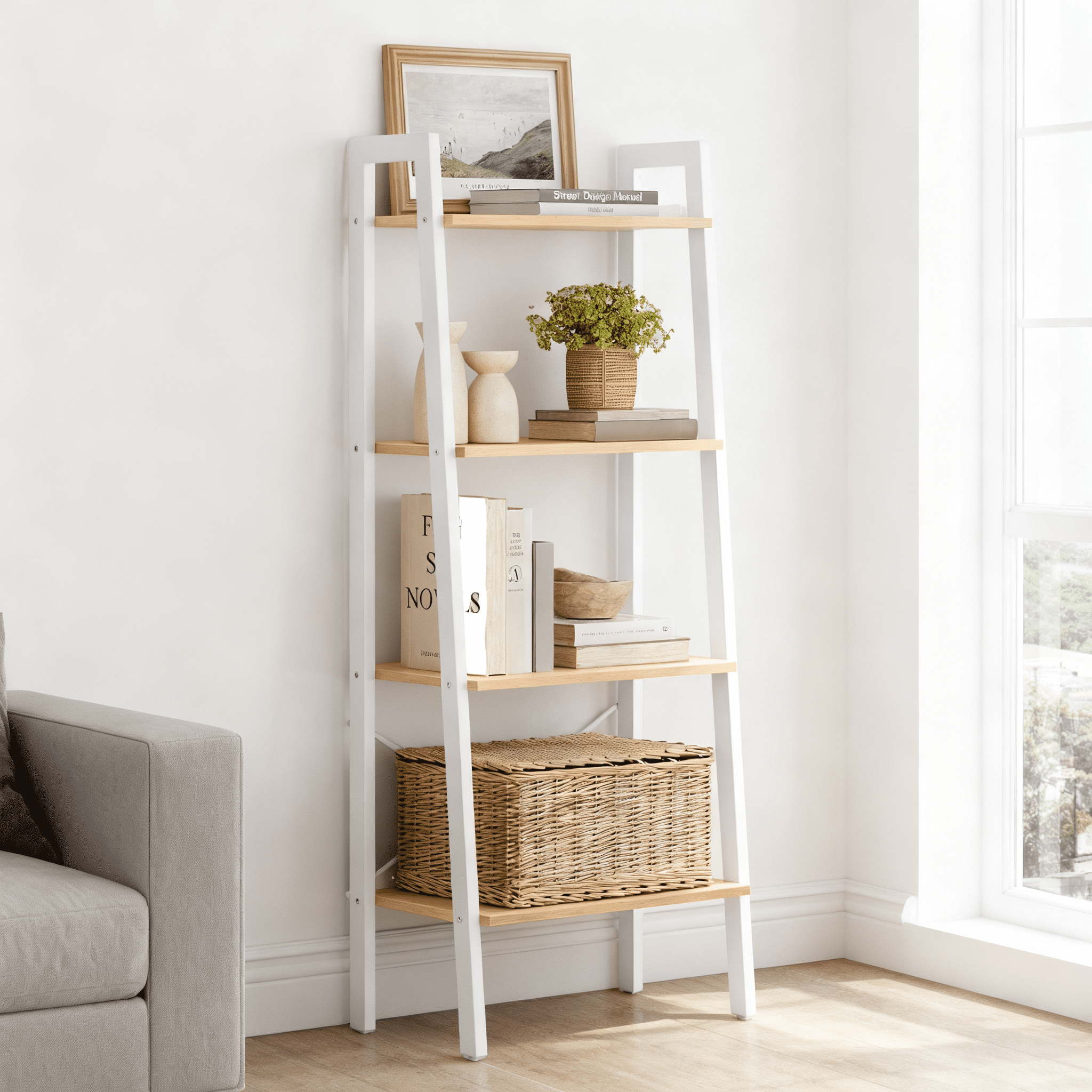 LEDREM Ladder Shelf, 4-Tier Bookshelf, Storage Rack, Bookcase, for Living Room, Kitchen, Bedroom, Honey Brown and Cloud White