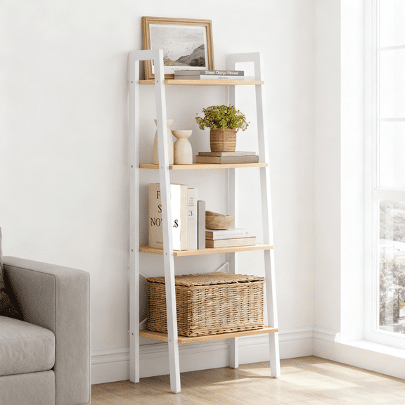 LEDREM Ladder Shelf, 4-Tier Bookshelf, Storage Rack, Bookcase, for Living Room, Kitchen, Bedroom, Honey Brown and Cloud White