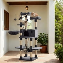 LEDREM Large Cat Tree Tower - 64.6" Multi-Level Cat Condo with Hammock, Basket & Toys, Activity Center, Smoky Gray