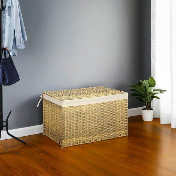 LEDREM Large Foldable Storage Basket with Lid, 42.3 Gallon (160L) Woven Laundry Bin, Removable Liner & Metal Frame, for Blankets, Clothes, Bedroom or Closet Organization, Natural