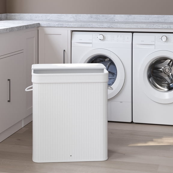 LEDREM Large Laundry Hamper with Lid and Handles, Bamboo Clothes Basket with Removable Liner, 21.7 x 13.4 x 24 inches, White
