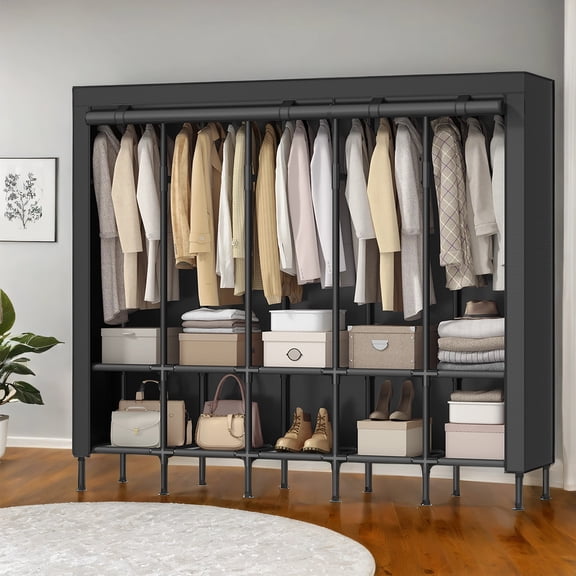 LEDREM Large Wardrobe Closet Organizer with 5 Rails & 10 Shelves , 83.5 Inch Portable Clothing Rack with Fabric Cover , Freestanding , Ink Black