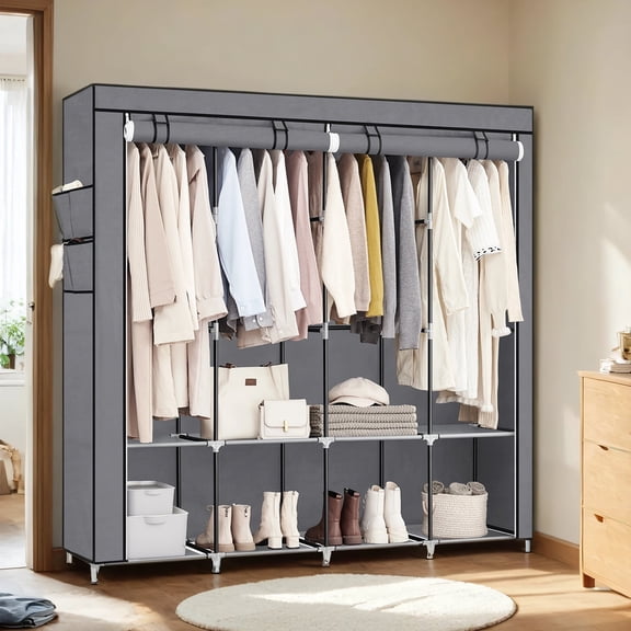 LEDREM Large Wardrobe Closet with 4 Hanging Rods & 4 Side Pockets , Fabric Storage Organizer for Bedroom/Living Room , Easy Tool-Free Assembly ,Gray