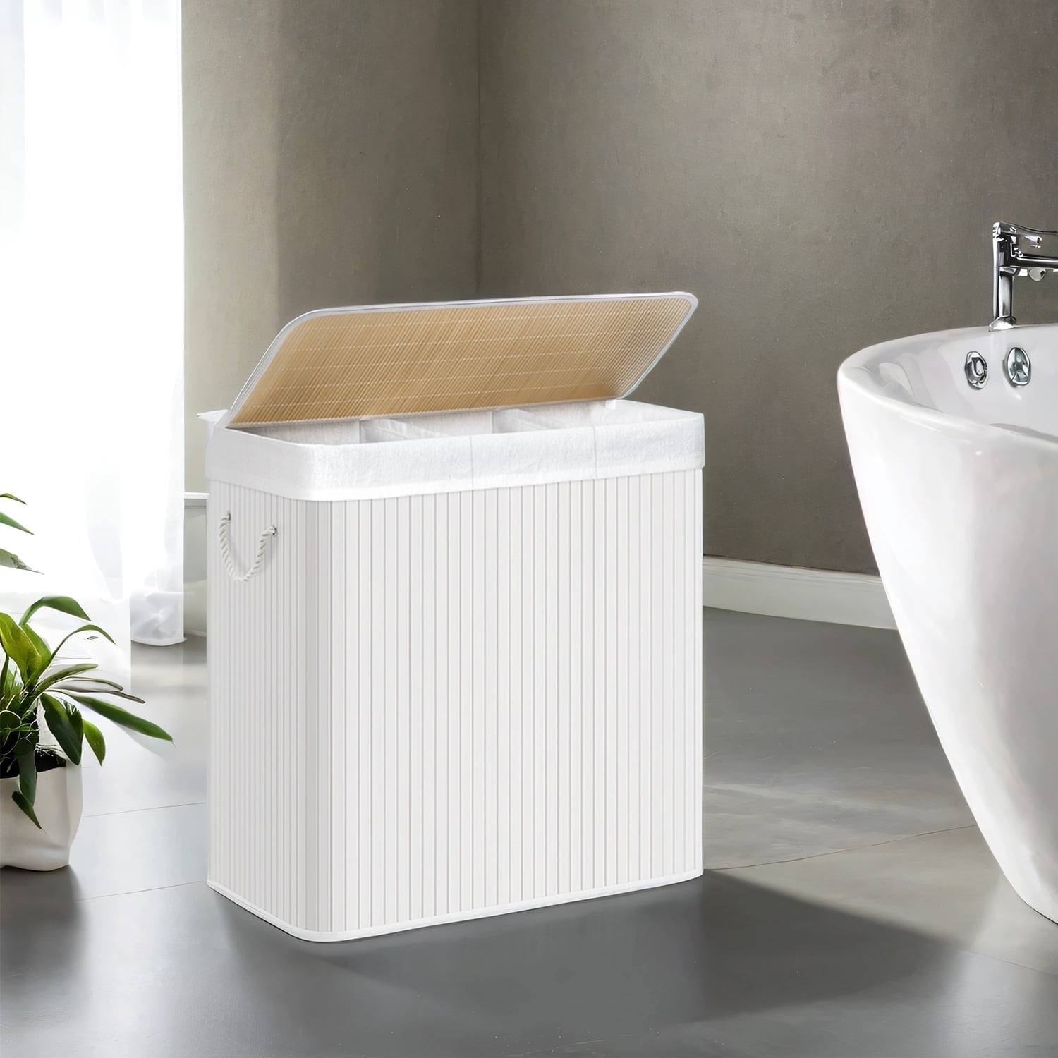 LEDREM Laundry Hamper 3-Section, 39.6 Gallons Bamboo Laundry Basket with Lid, Foldable Removable Washable Liner,White