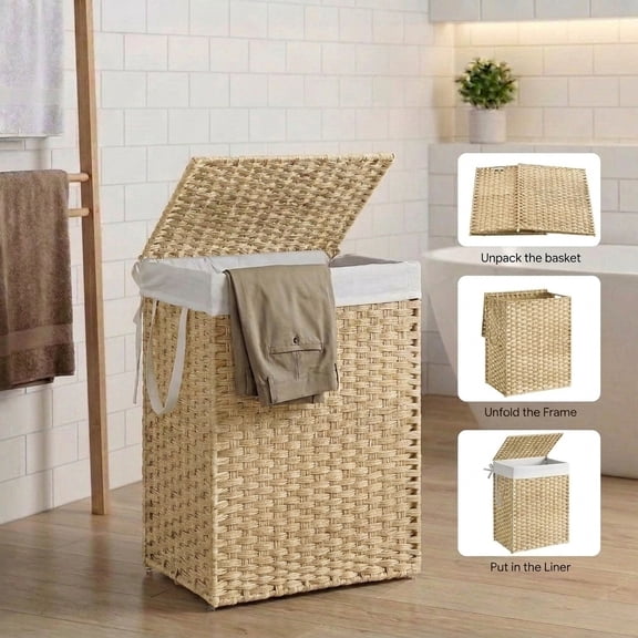 LEDREM Laundry Hamper with Lid 90L, Large Clothes Basket with Handles & Removable Liner, Synthetic Rattan with Metal Frame, Foldable & Ventilated, Summer Sand
