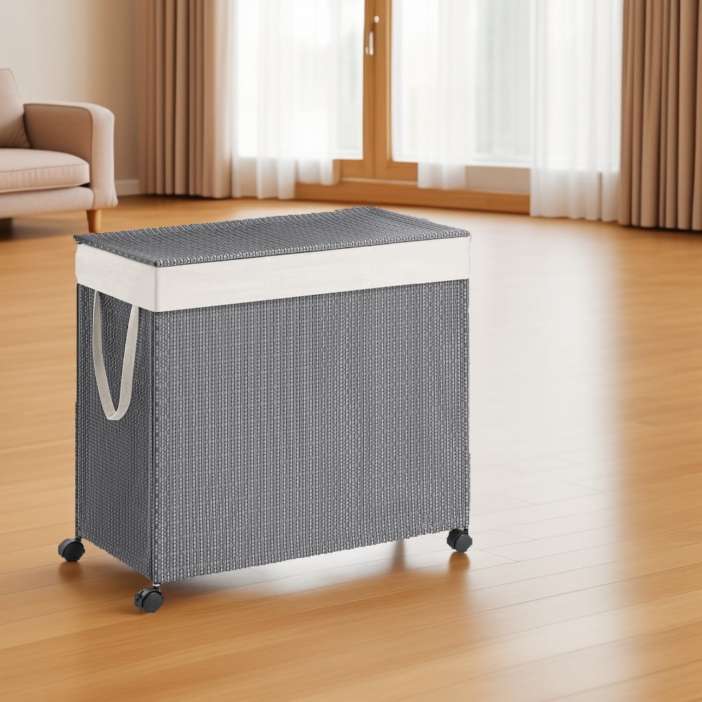 LEDREM Laundry Hamper with 3 Sections, Large 140L Rolling Clothes Basket with Lid, Removable Liner, Wheels, Rattan-Style, Dove Gray and White