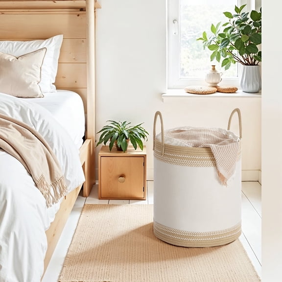 LEDREM Laundry Hamper with Drawstring Lid, 60L (18.9-Gal) Sturdy Cotton-Blend Storage Basket for Clothes & Blankets, Handles, Camel Brown