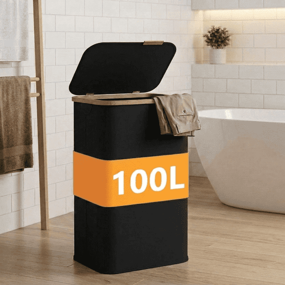 LEDREM Laundry Hamper with Lid 100L, Large Foldable Clothes Basket with Bamboo Handles, Tall Fabric Hamper for Bedroom, Bathroom, Dorm, Ink Black