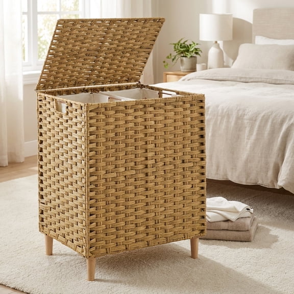 LEDREM Laundry Hamper with Lid, 4-Section PE Rattan Basket, 55.4 Gal., 18.1 x 15.7 x 27.6 Inches, Yellow and White
