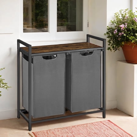 Laundry Sorter Hamper with 2 Pull-Out Bags, Detergent Shelf, Sturdy Metal Frame & Adjustable Feet, 24.2 Gallons Capacity, 2-Compartment for Clothes Organization, Rustic Brown,Gray