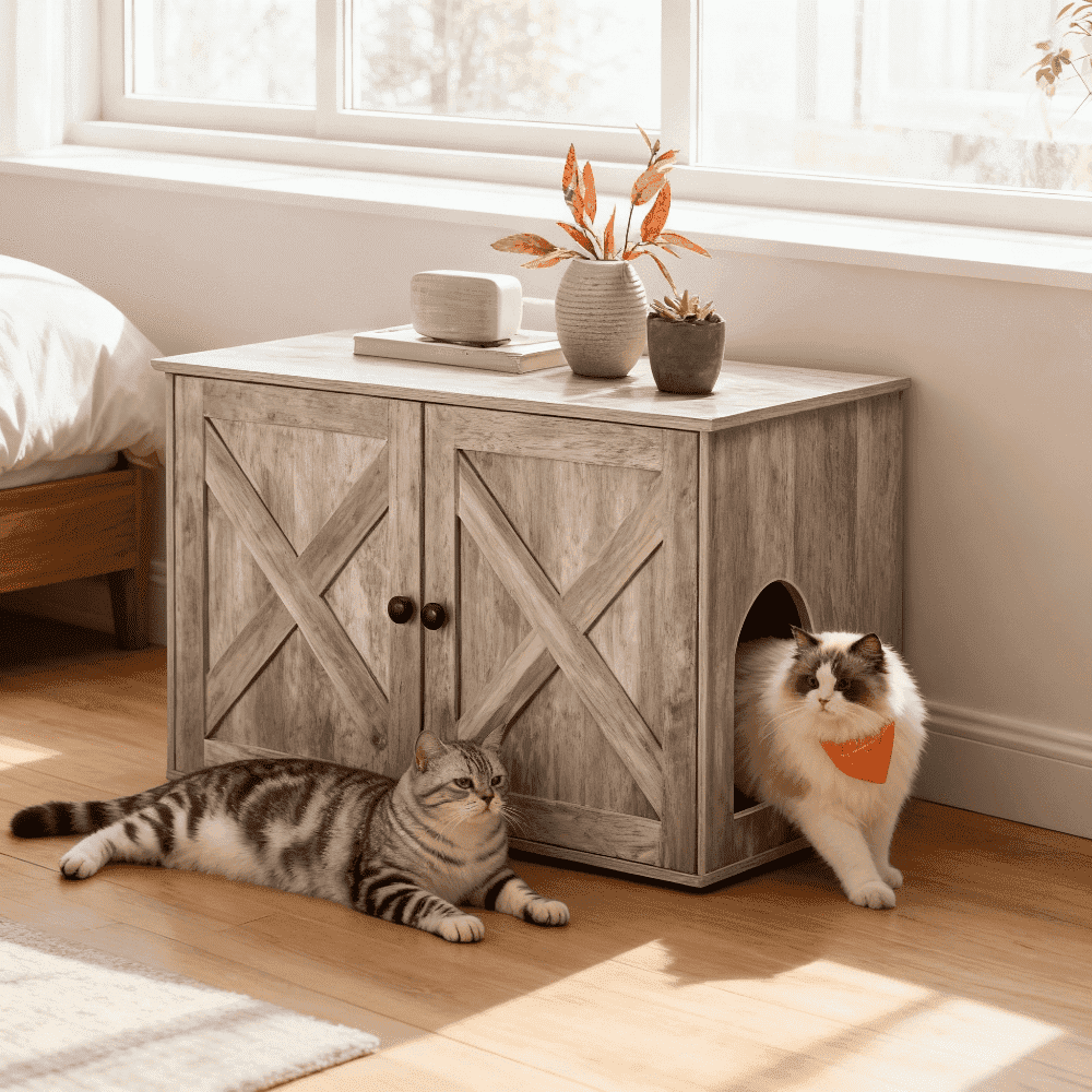LEDREM Cat Litter Box Furniture Enclosure,Multi-Functional Hidden Washroom with Removable Divider for Indoor,M, Heather Greige