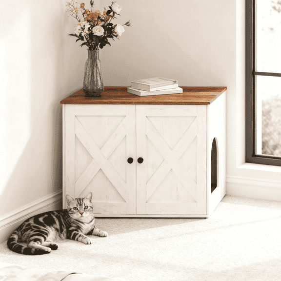 LEDREM Cat Litter Box Furniture Enclosure,Multi-Functional Hidden Washroom with Removable Divider for Indoor,M,Honey Brown and Rustic White