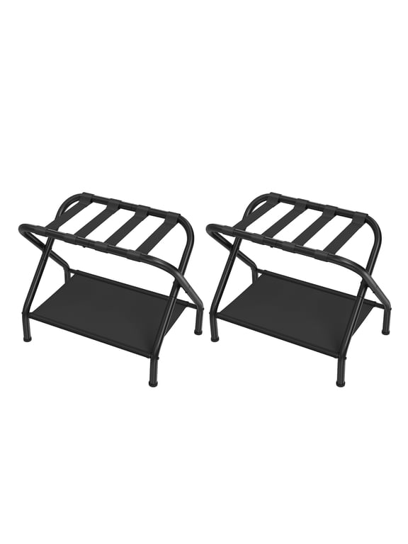 Luggage Racks Set of 2, Foldable Steel Frame with Storage Shelf & Hook-and-Loop Fastener, for Suitcases up to 110 lb, Black