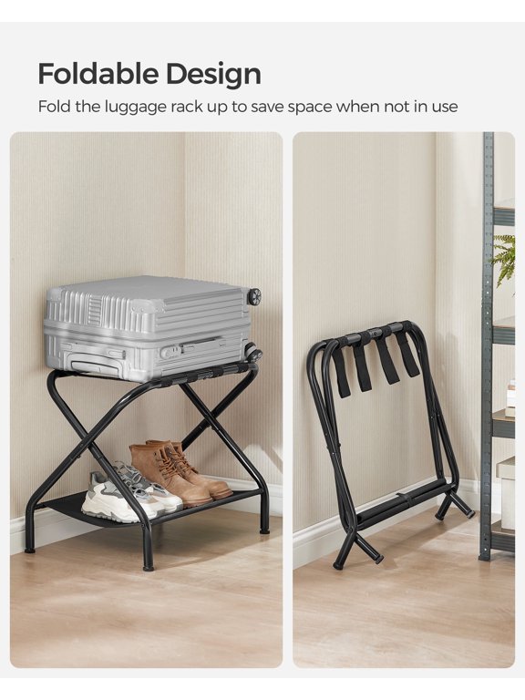 Luggage Racks Set of 2, Foldable Steel Frame with Storage Shelf & Hook-and-Loop Fastener, for Suitcases up to 110 lb, Black