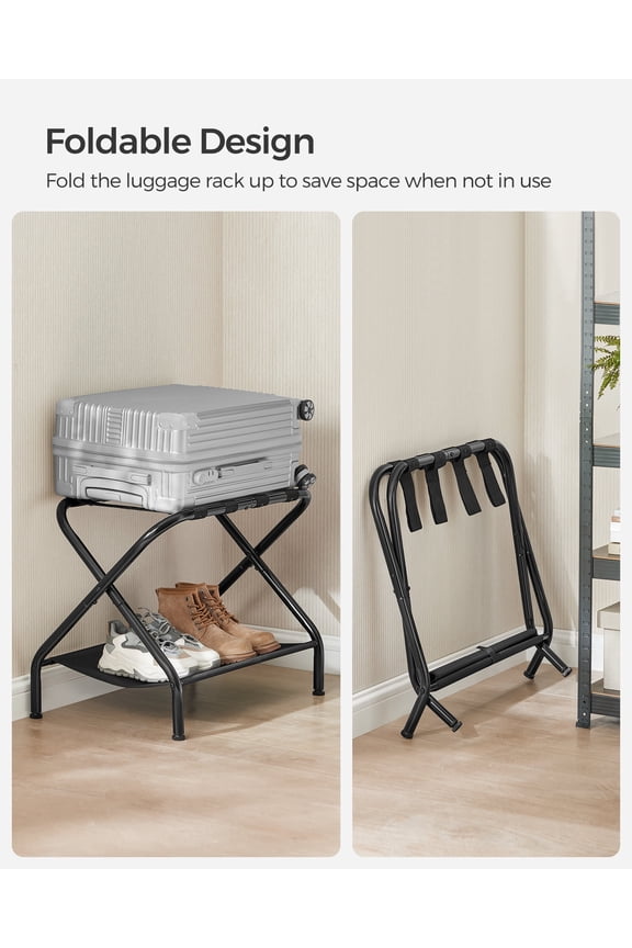 Luggage Racks Set of 2, Foldable Steel Frame with Storage Shelf & Hook-and-Loop Fastener, for Suitcases up to 110 lb, Black