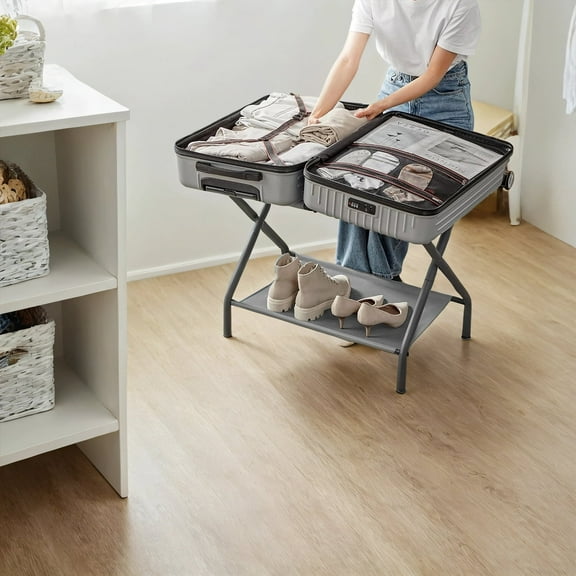 LEDREM Luggage Racks, Set of 2, Foldable Suitcase Stand with Storage Shelf & Hook-and-Loop Fastener, for Bedroom,Hotel, Holds 110 lb, Slate Gray