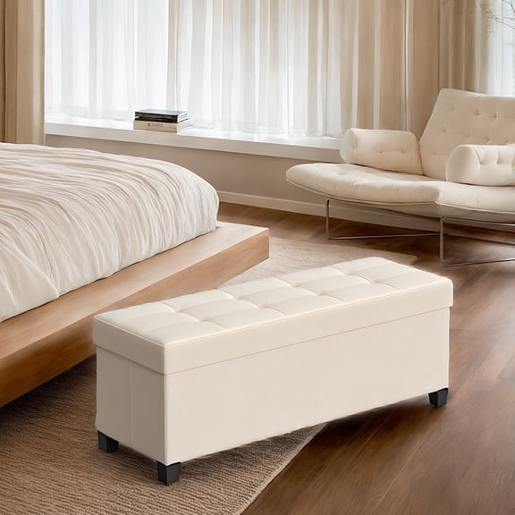 LEDREM 43" Storage Ottoman Bench with 660lb Capacity, End of Bed Bench, Folding Ottoman with Storage, Footrest, Cream White