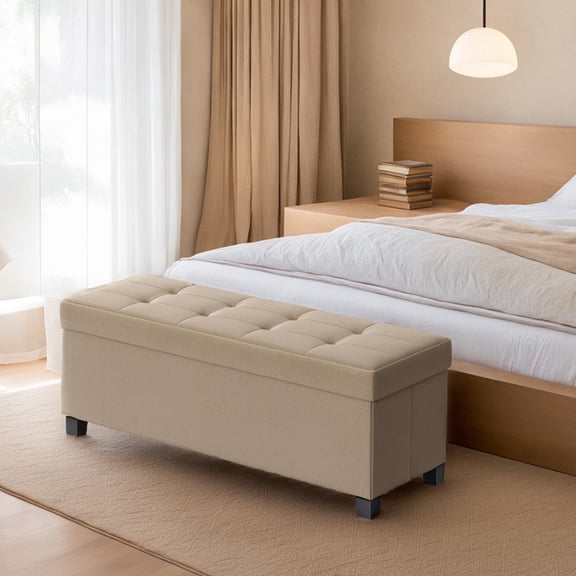 LEDREM 43" Storage Ottoman Bench with 660lb Capacity, End of Bed Bench, Folding Ottoman with Storage, Footrest, Camel Brown