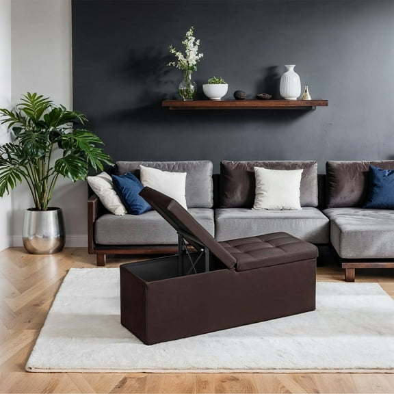 LEDREM Foding Storage Ottoman Bench, 43" Ottoman with Storage, 660lb Capacity, Footrest & Footstool, for Bedroom Living Room, Brown