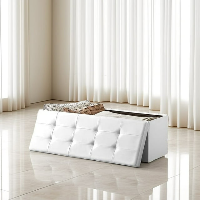 LEDREM Foding Storage Ottoman Bench, 43" Ottoman with Storage, 660lb Capacity, Footrest & Footstool, for Bedroom Living Room White