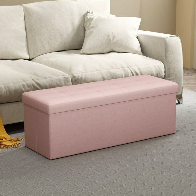 LEDREM 43" Foldable Storage Ottoman Bench with 660lb Capacity, Ottoman with Storage, Footrest, for Living Room, Bedroom, Jelly Pink