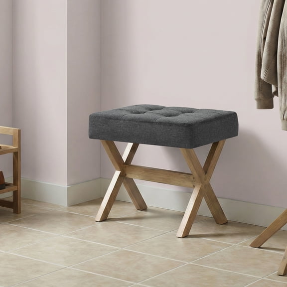 LEDREM Makeup Stool with Solid Wood X-Legs, Padded Vanity Stool, Footrest for Bedroom, Entryway, 16.5 x 18.1 x 12.6 Inches, Slate Gray and Brown